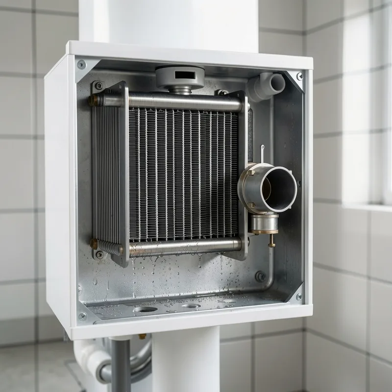Échangeur en inox d&rsquo;une chaudière à condensation ouverte, brûleur et collecteur de fumées visibles