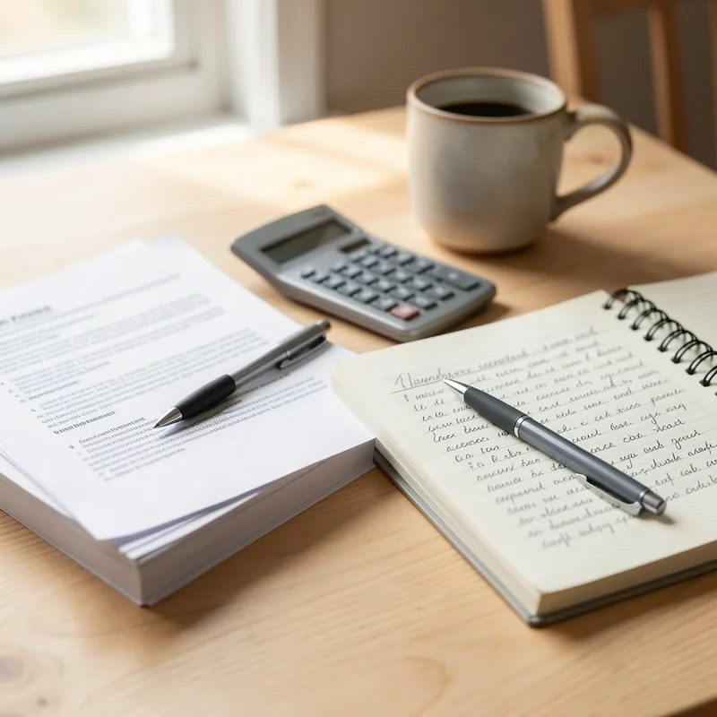 Deux devis de chauffage étalés côte à côte sur une table de cuisine avec une calculatrice et un carnet de notes