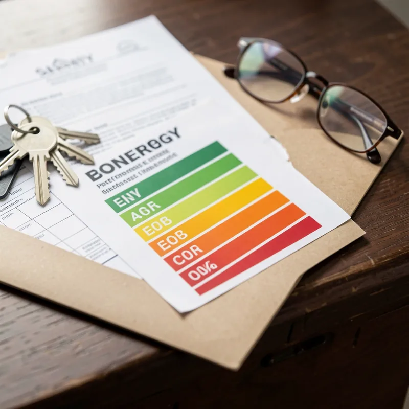 Étiquette de diagnostic de performance énergétique en dégradé de couleurs posée sur un dossier de vente immobilière