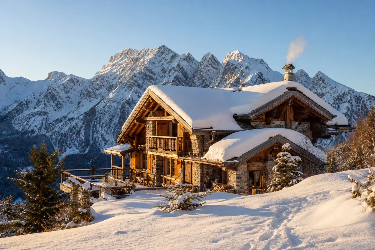 Chalet de montagne enneigé en Haute-Savoie, lumière rasante de fin de journée sur les toits