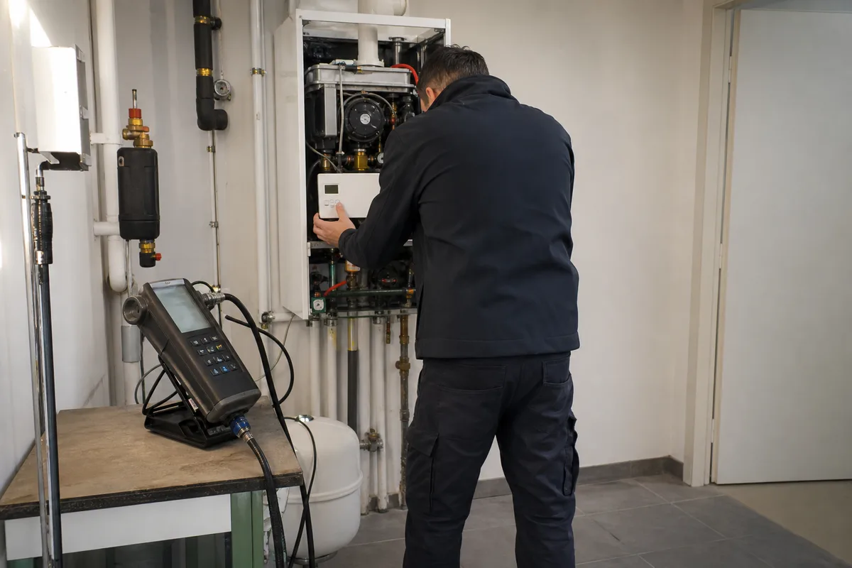 Technicien de dos ajustant les réglages d&rsquo;une chaudière à condensation dans un local technique