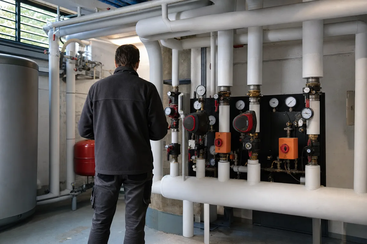 Technicien de dos inspectant une chaufferie collective propre, tuyauteries calorifugées et manomètres