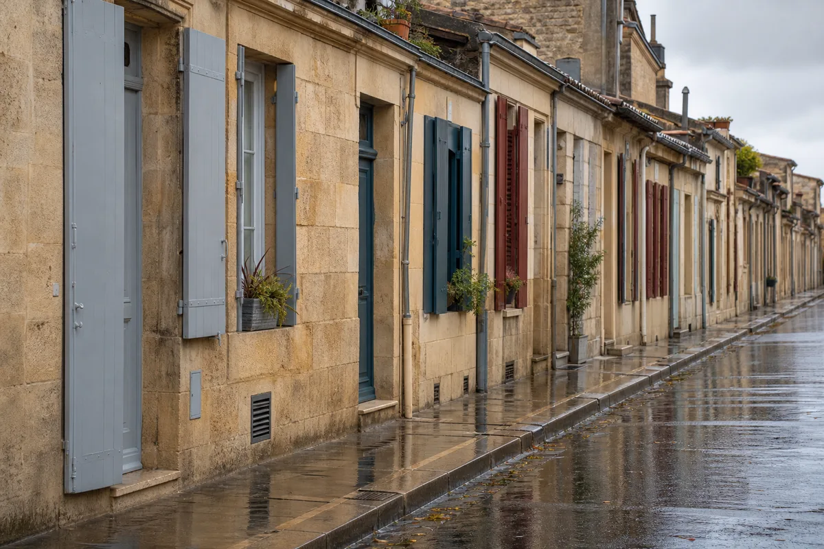Échoppe bordelaise en pierre blonde sous un ciel gris, façade humide après la pluie