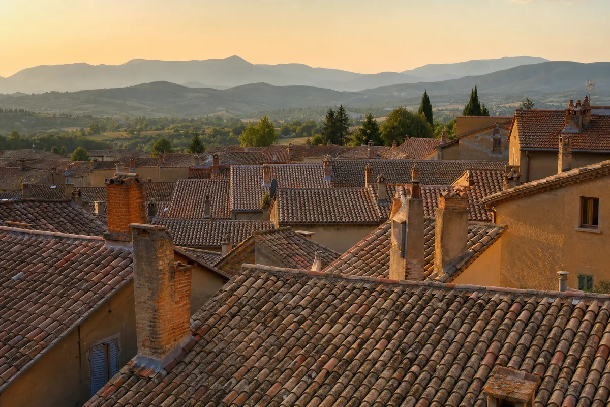Vue d&rsquo;un village occitan adossé au relief, toitures de tuiles et cheminées sous une lumière de fin d&rsquo;après-midi