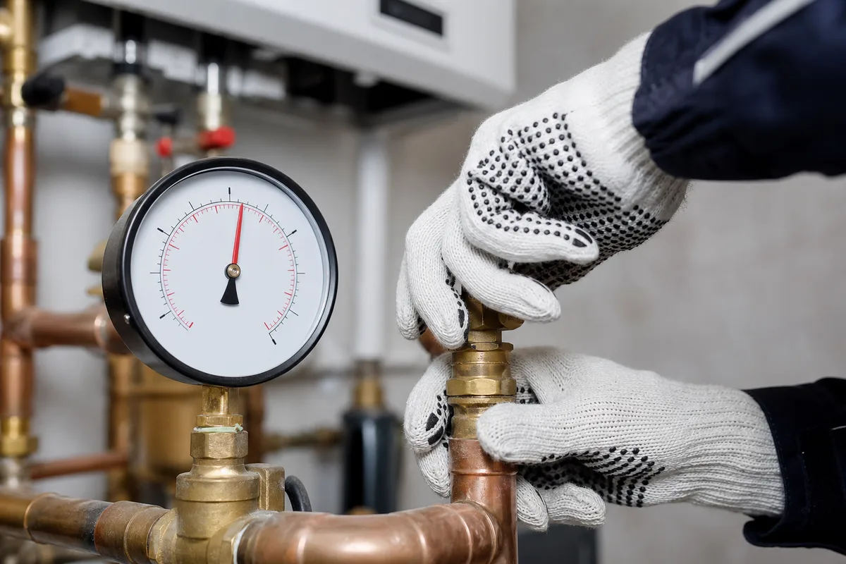 Mains d&rsquo;un technicien vérifiant la pression d&rsquo;un circuit de chauffage sur un manomètre