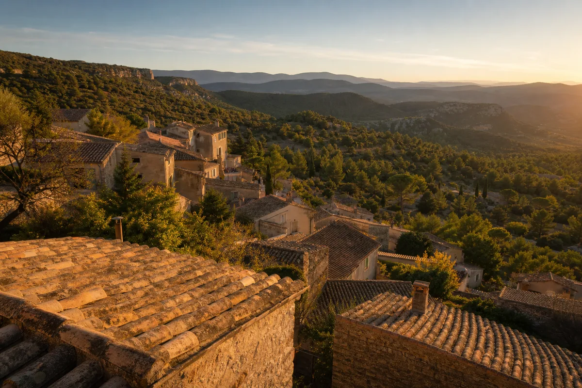 Toitures de tuiles provençales et façades ocres au-dessus d&rsquo;une colline sèche, lumière rasante de fin de journée