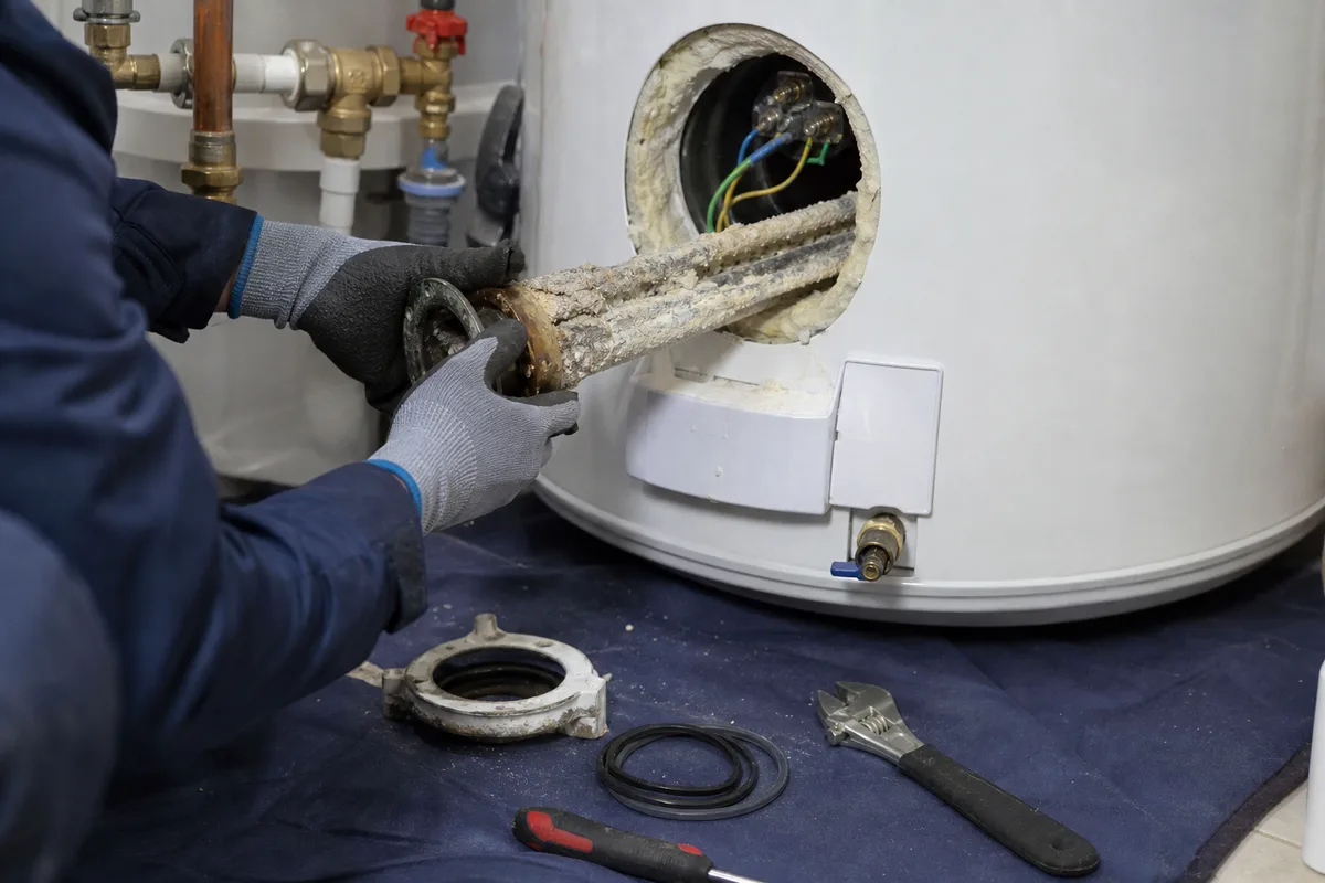Mains d&rsquo;un technicien démontant la résistance entartrée d&rsquo;un ballon d&rsquo;eau chaude dans un local technique