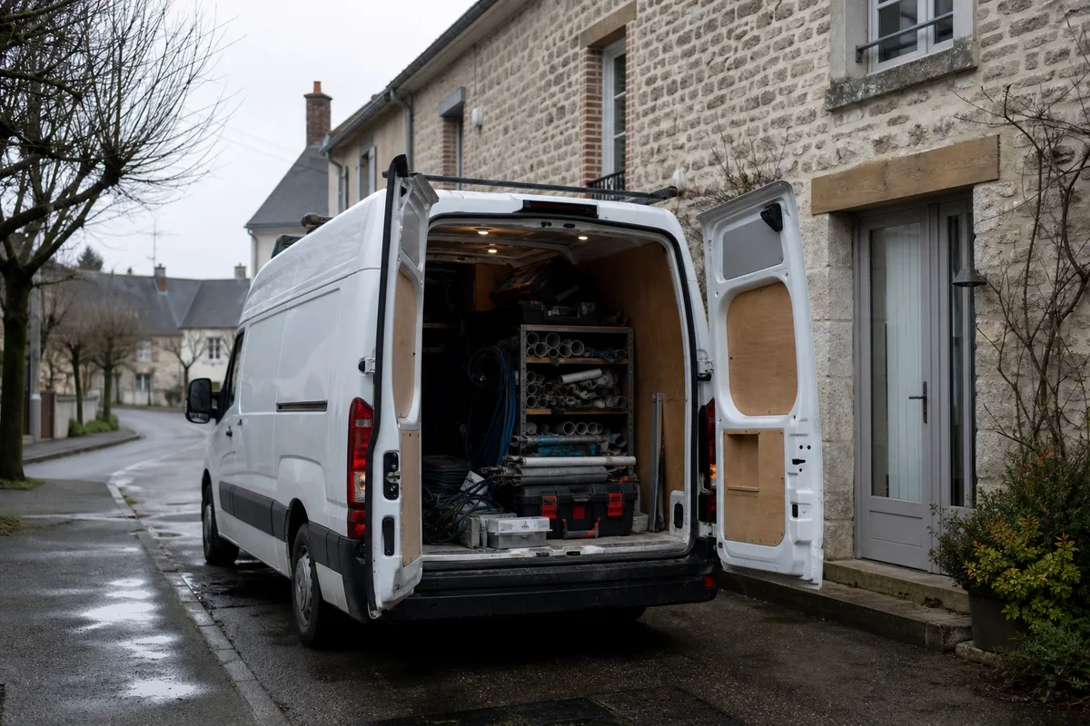 Fourgon d&rsquo;artisan chauffagiste stationné devant une maison de bourg en hiver