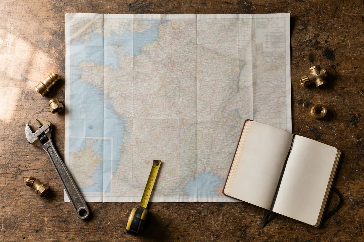 Carte de France posée sur un plan de travail à côté d&rsquo;outils de plomberie