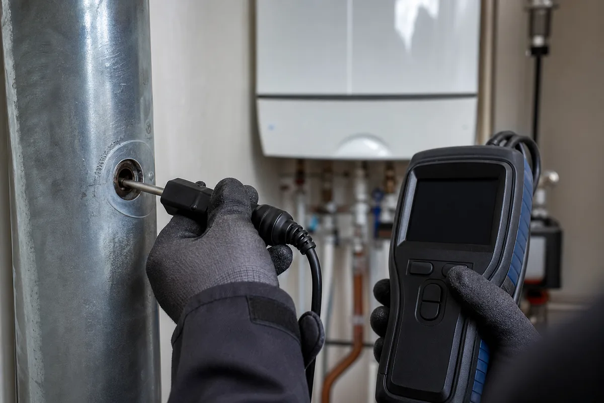 Mains d&rsquo;un technicien contrôlant la combustion d&rsquo;une chaudière avec un analyseur