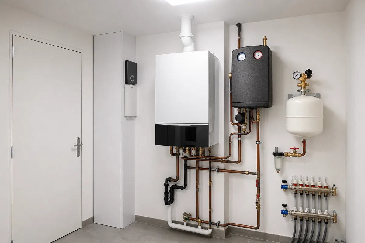 Chaufferie individuelle bien rangée avec conduit tubé et siphon de condensats visible