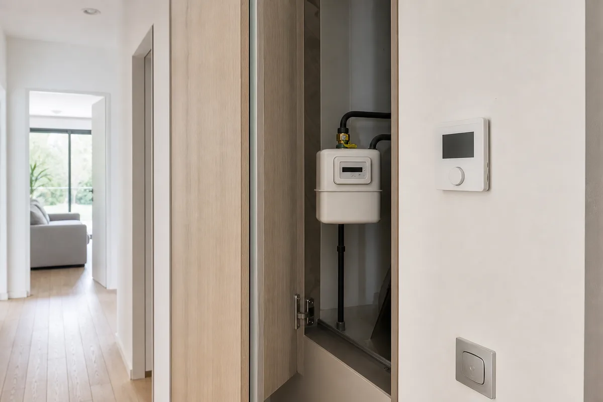 Compteur de gaz et thermostat mural dans un couloir clair d&rsquo;un logement contemporain