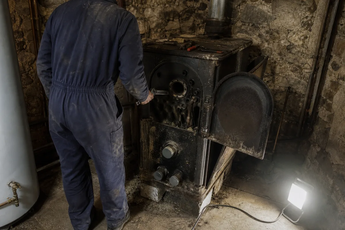 Ancienne chaudière fonte en cours de dépose dans une cave de maison ancienne